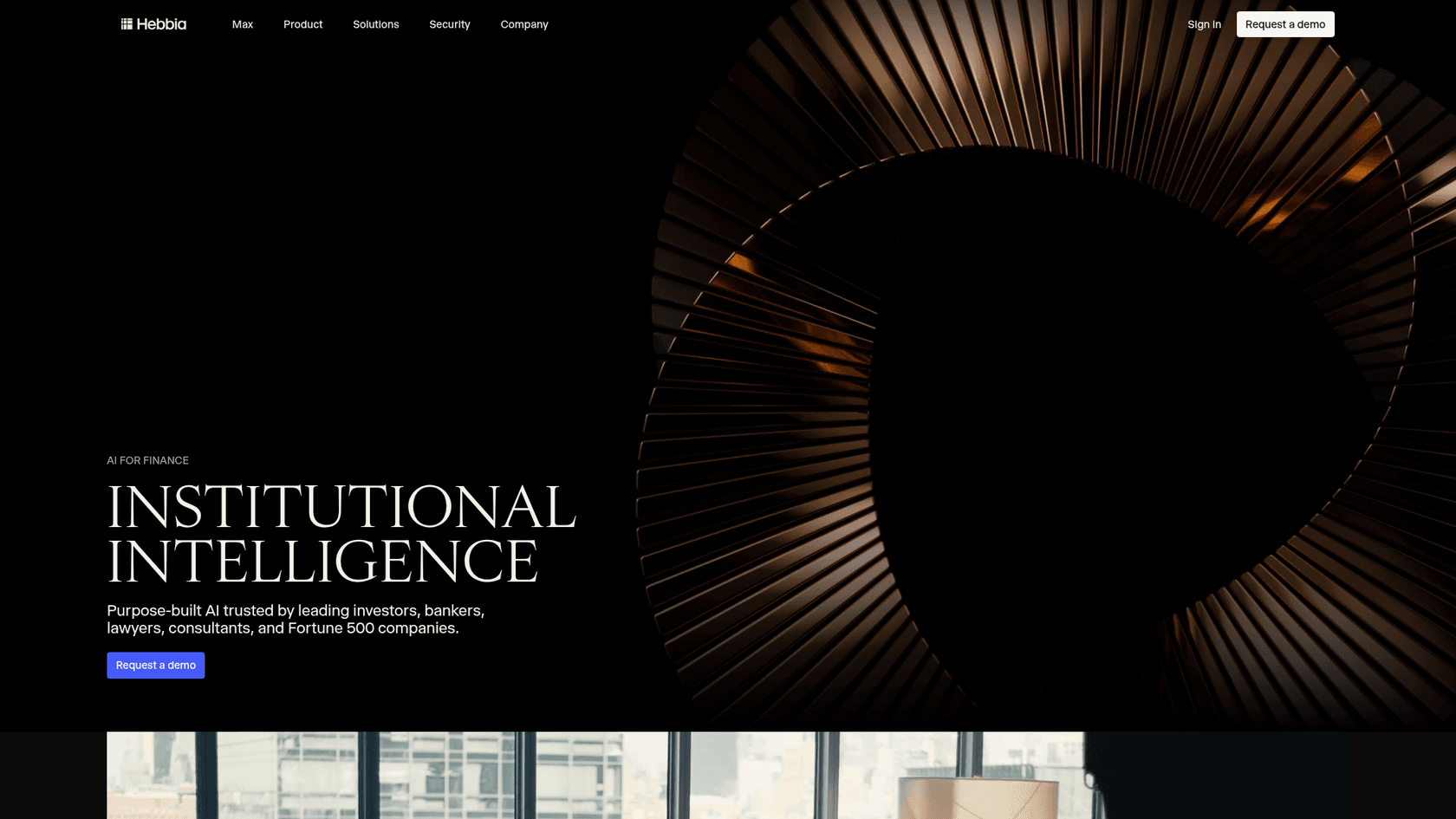 Hebbia's homepage today, headlined "Institutional Intelligence" and aimed at investors, bankers and lawyers, as seen on Hebbia's site