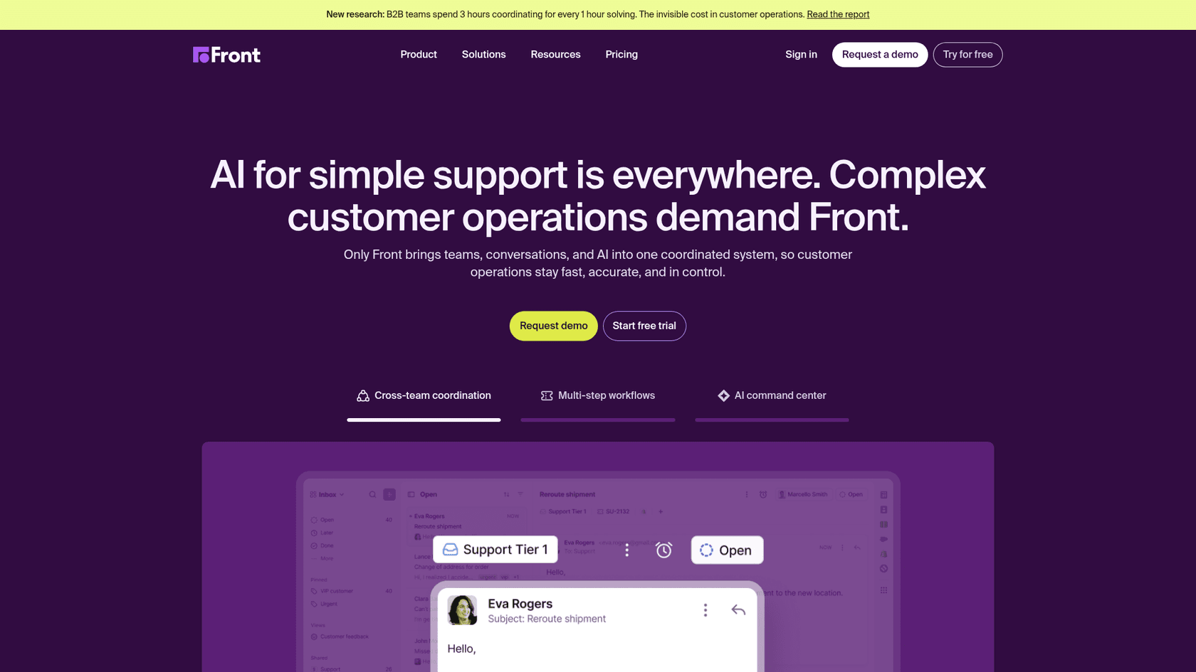 Front homepage showing omnichannel customer operations platform