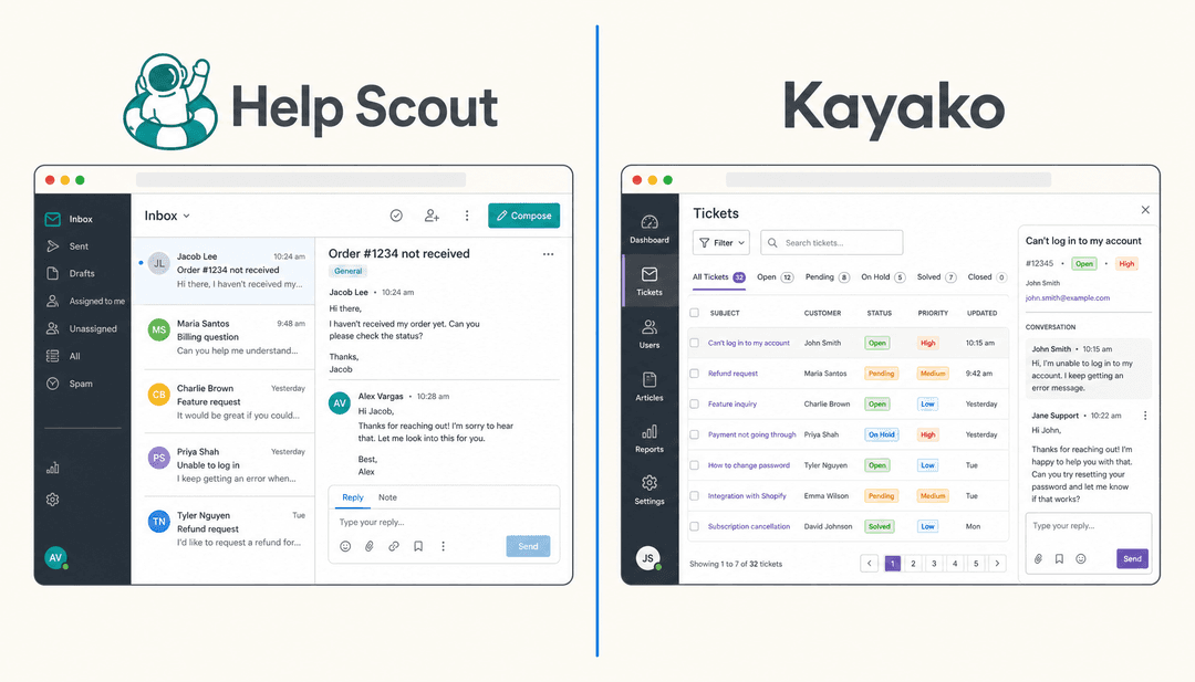 Two browser panels side by side showing Help Scout and Kayako interfaces, on a warm off-white background with a blue dividing line