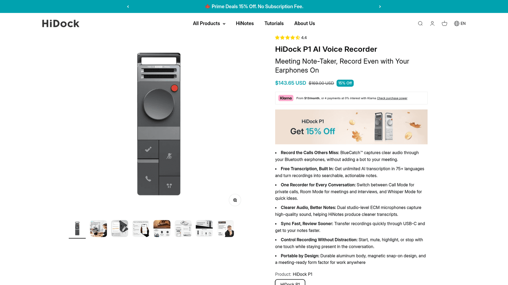 HiDock P1 product page with the $143.65 sale price and free transcription note, as taken from HiDock