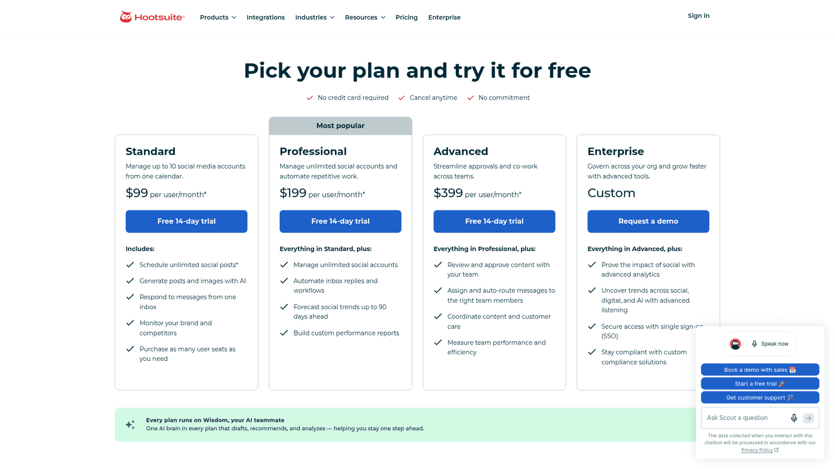 Hootsuite's plans page showing Standard, Professional, Advanced and Enterprise, as taken from Hootsuite