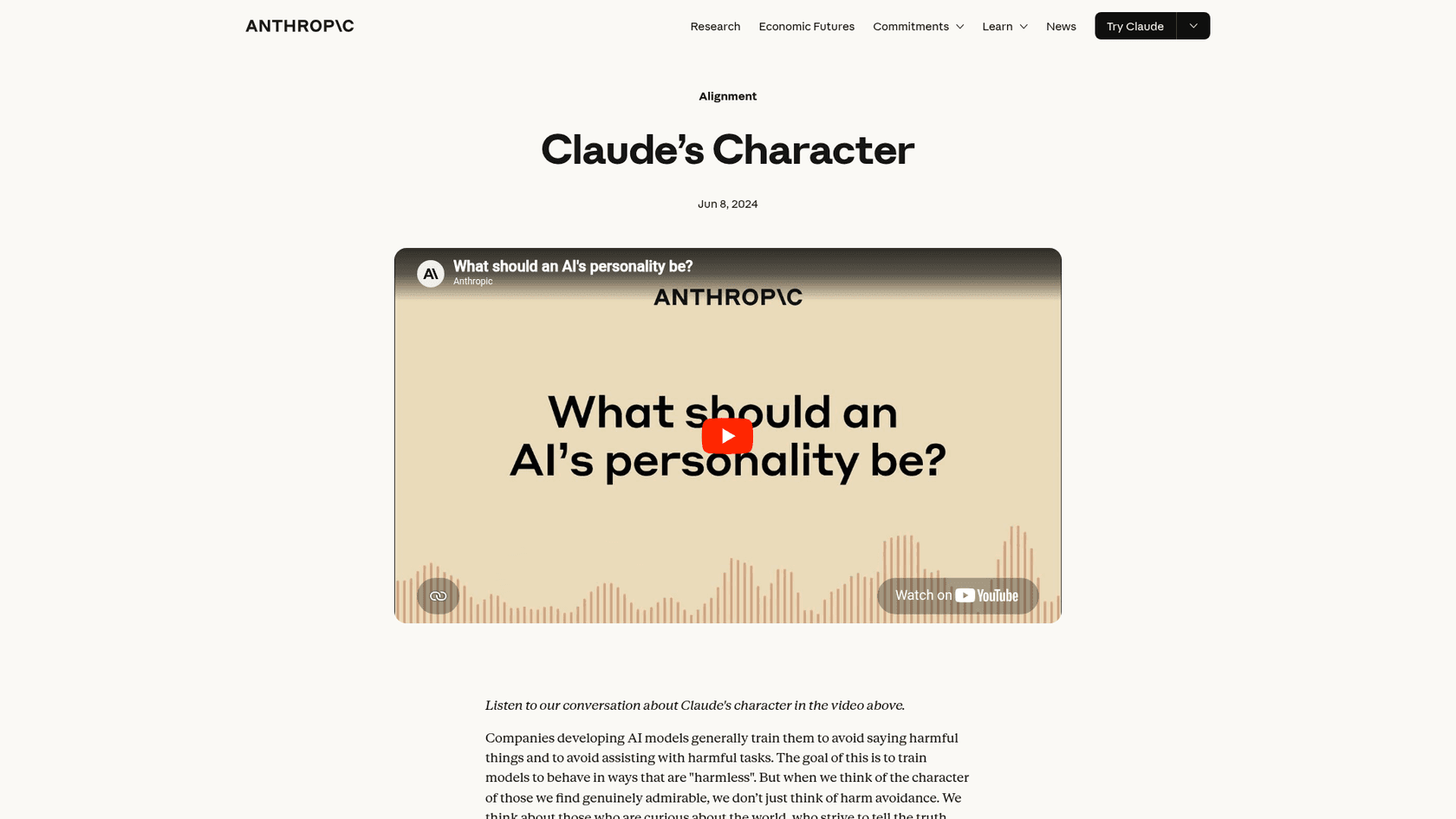 Anthropic's Claude character research page showing the character training approach