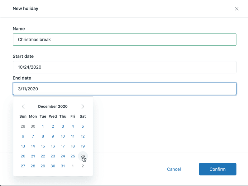 Zendesk New holiday dialog with a name field, start date, end date and a calendar picker, as taken from Zendesk documentation