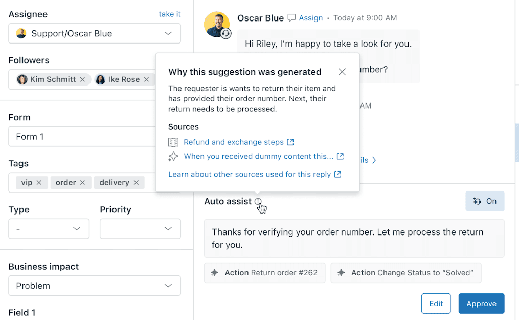 Zendesk auto assist explaining why a suggestion was generated, with its sources listed as a refund and exchange steps procedure and a similar past ticket, above Approve and Edit buttons, as taken from Zendesk's help center