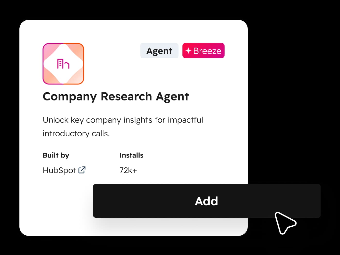An Agent Marketplace card for the HubSpot-built Company Research Agent with an Add button, as taken from HubSpot