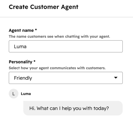 HubSpot Create Customer Agent form with name and personality fields
