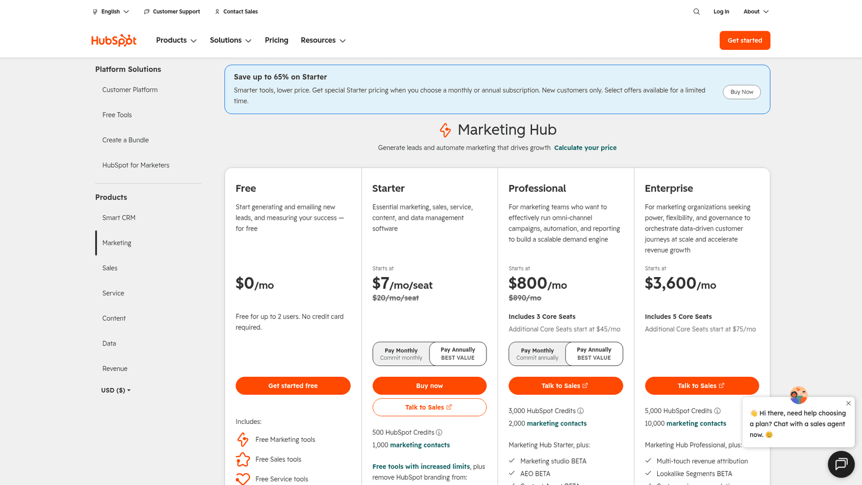 HubSpot Marketing Hub pricing page showing Professional at $800 a month with 3 Core Seats and Enterprise at $3,600, as taken from HubSpot's pricing page