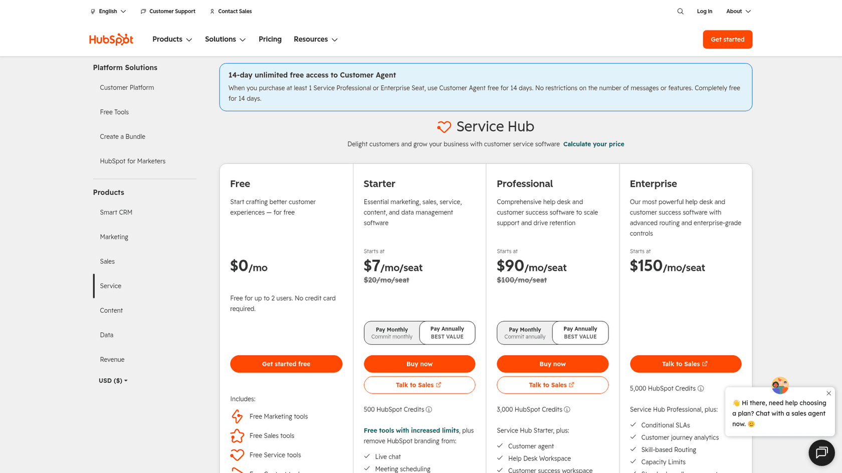 HubSpot Service Hub pricing page listing Free, Starter at $7, Professional at $90 and Enterprise at $150 per seat per month, as captured from the HubSpot pricing page in October 2026