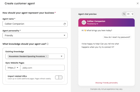 The HubSpot Customer Agent setup screen with agent name, personality and knowledge source fields next to a live chat preview, as taken from HubSpot's knowledge base