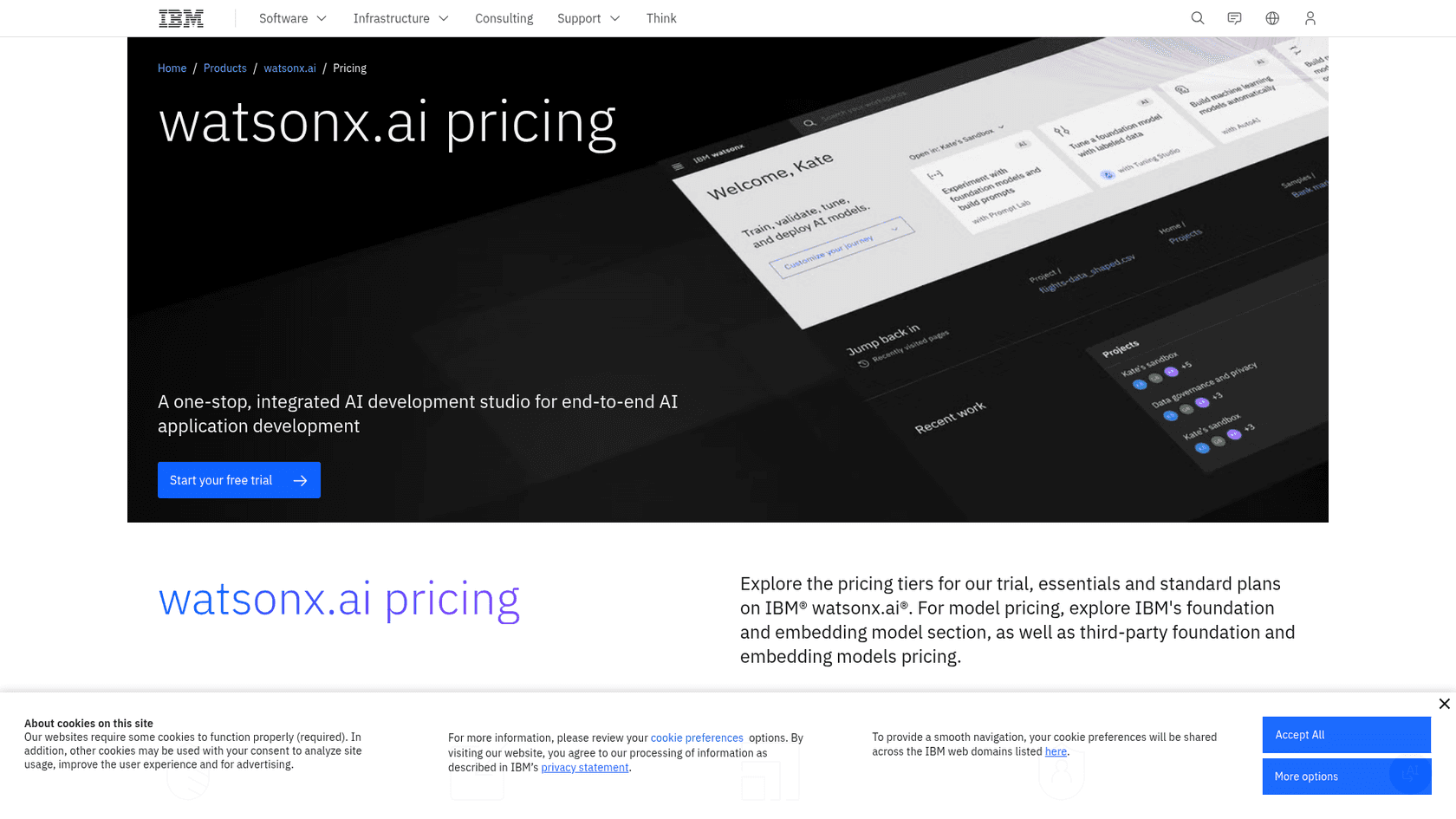 IBM's watsonx.ai pricing page with the trial, Essentials and Standard plans, as taken from IBM