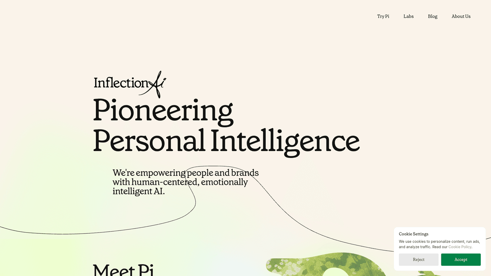 Inflection AI homepage in October 2026 with the Pioneering Personal Intelligence headline, as taken from inflection.ai