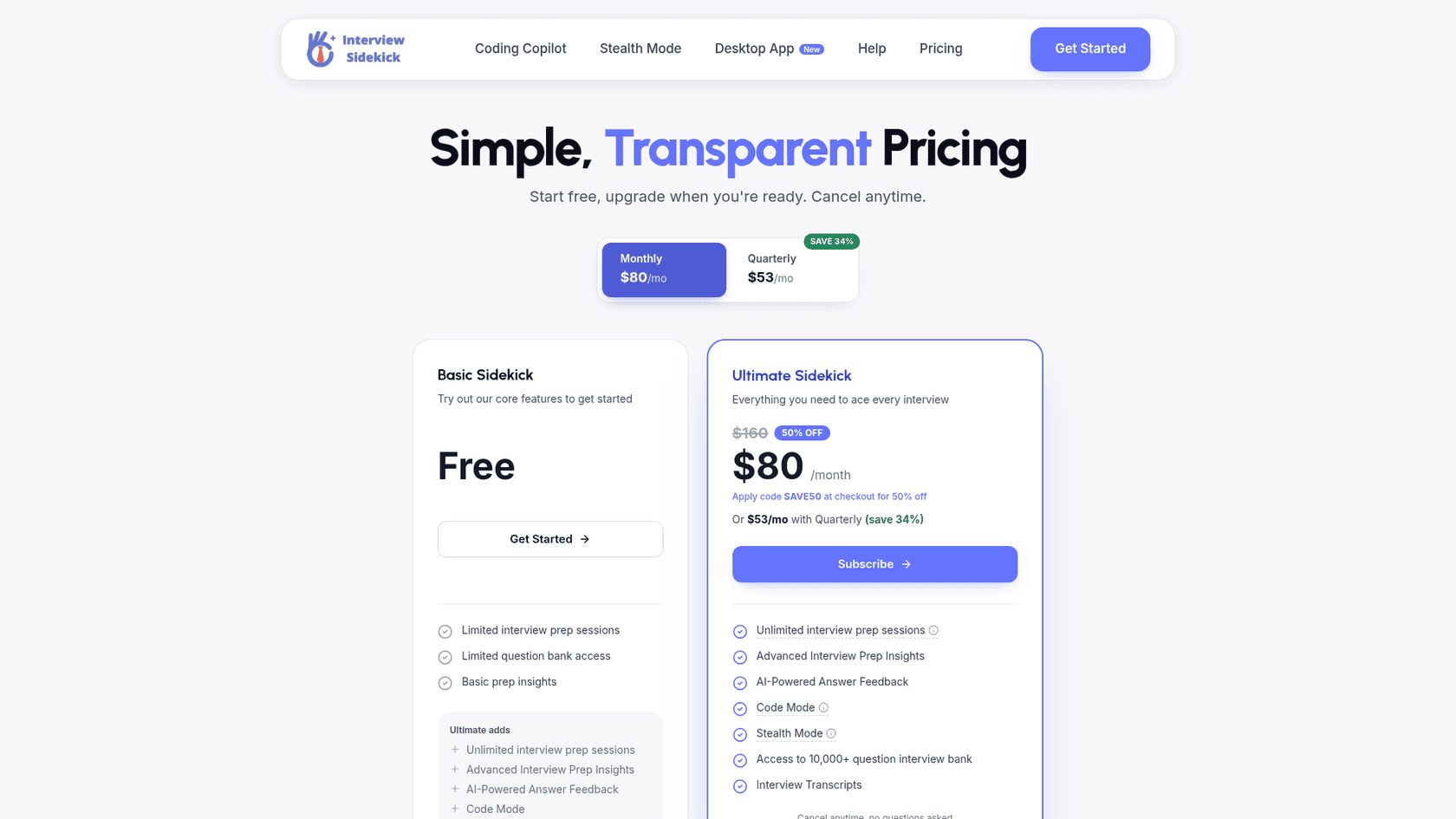 Interview Sidekick's pricing page showing a free Basic plan and Ultimate Sidekick at $80 per month, as taken from Interview Sidekick
