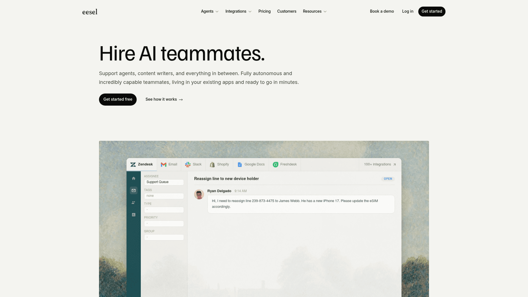eesel AI homepage showing AI teammates for helpdesk and support teams