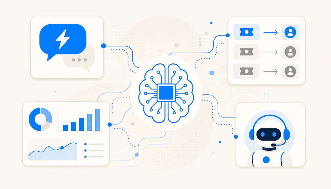Abstract illustration showing AI brain connected to floating IT helpdesk interface panels