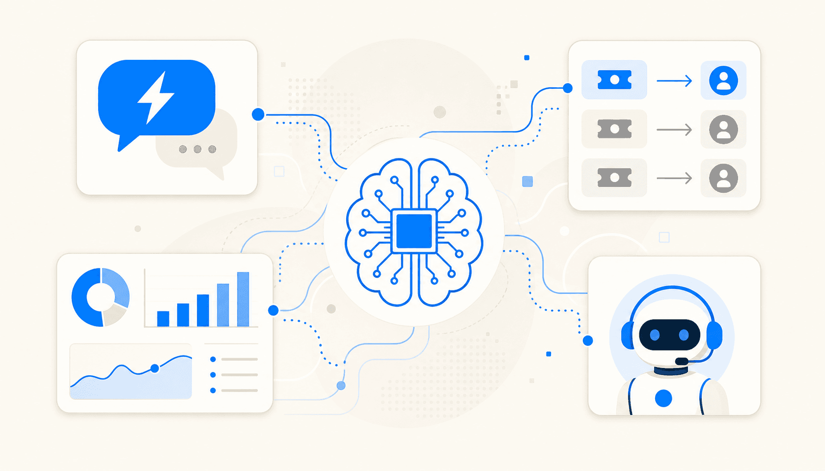 Abstract illustration showing AI brain connected to floating IT helpdesk interface panels