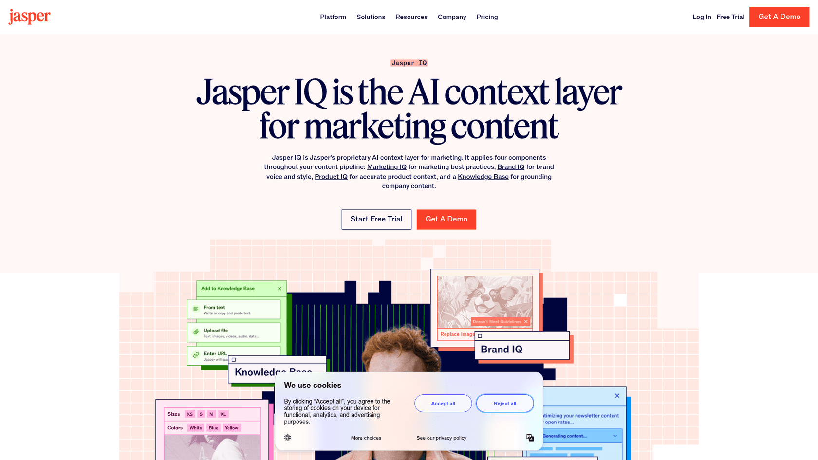 Jasper IQ page showing Brand IQ and Knowledge Base, as taken from Jasper's site