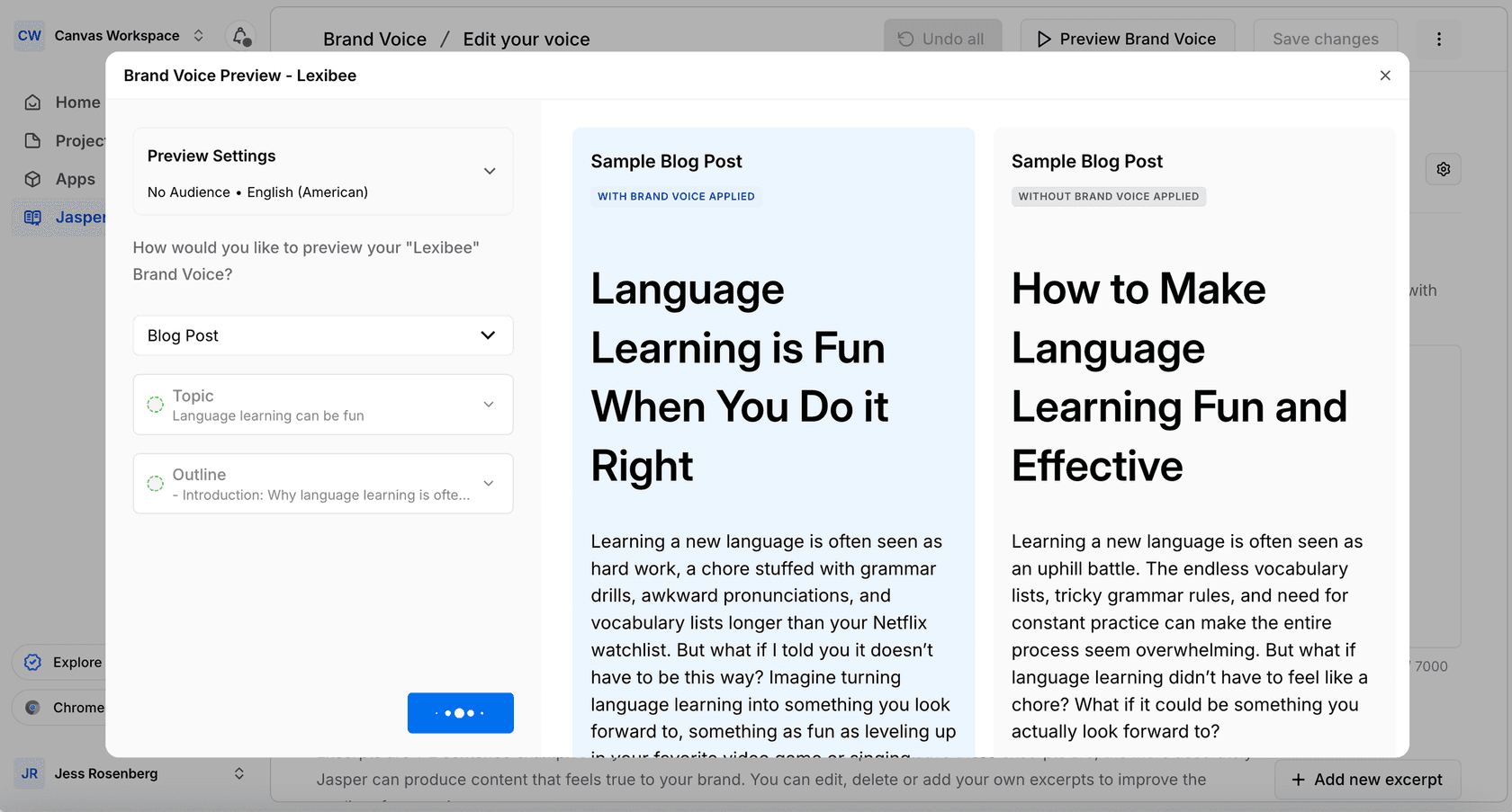 Jasper AI Brand Voice dashboard showing two sample blog posts side by side - with and without brand voice applied