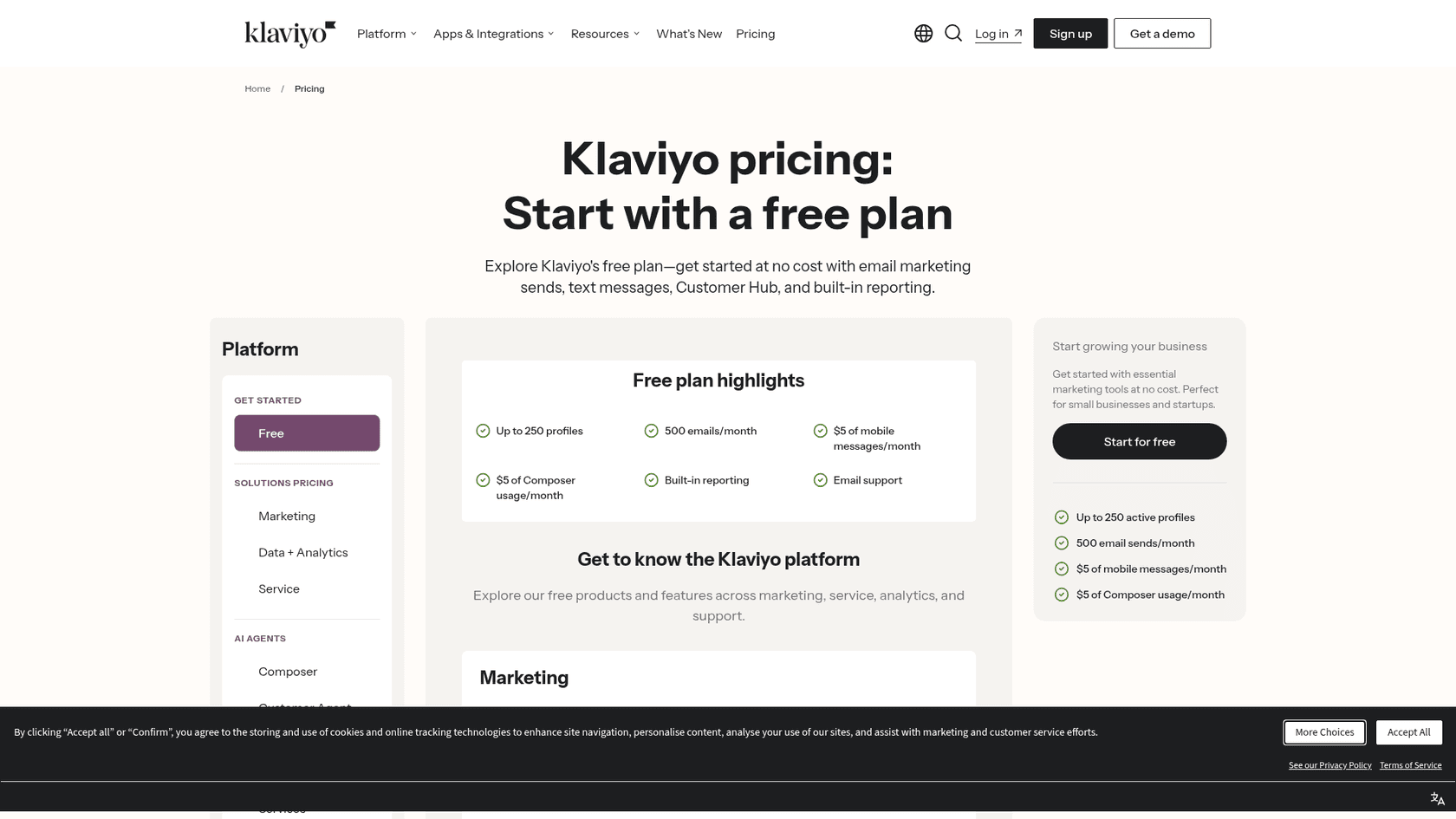 Klaviyo's free plan highlights, including $5 of Composer usage per month, as captured from the Klaviyo pricing page