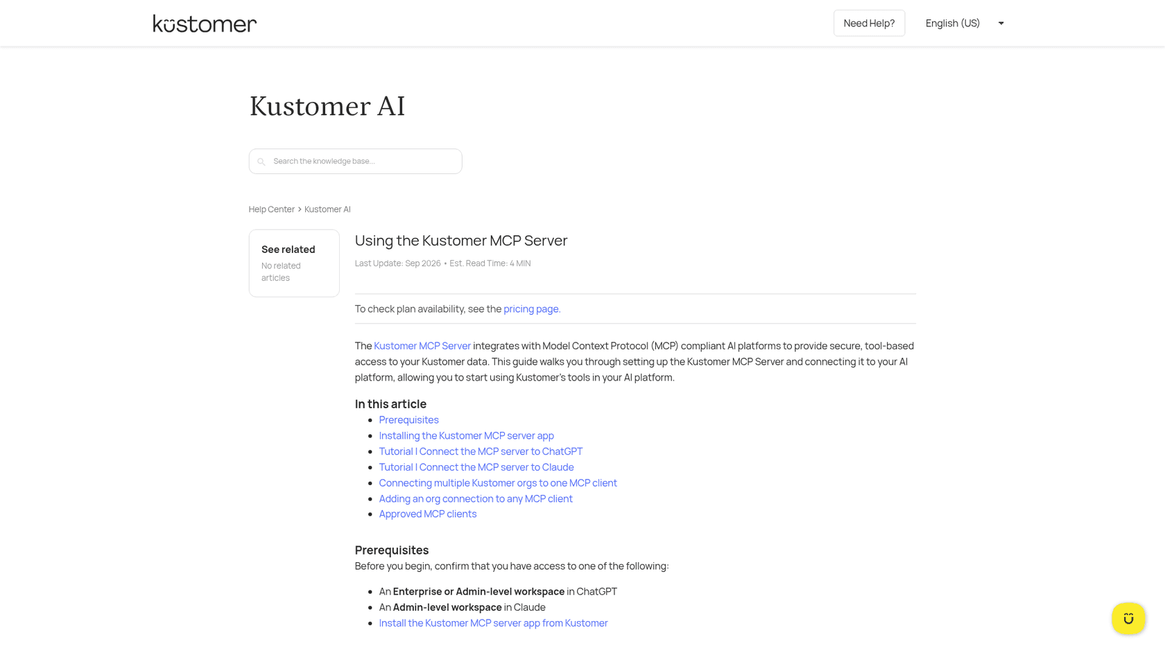 Kustomer help center article "Using the Kustomer MCP Server", with tutorials for connecting ChatGPT and Claude, as taken from Kustomer