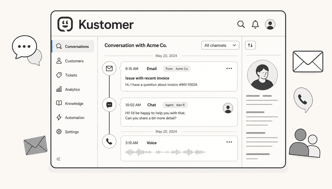 Kustomer enterprise review - editorial illustration of a unified customer conversation timeline with AI handling support across multiple channels