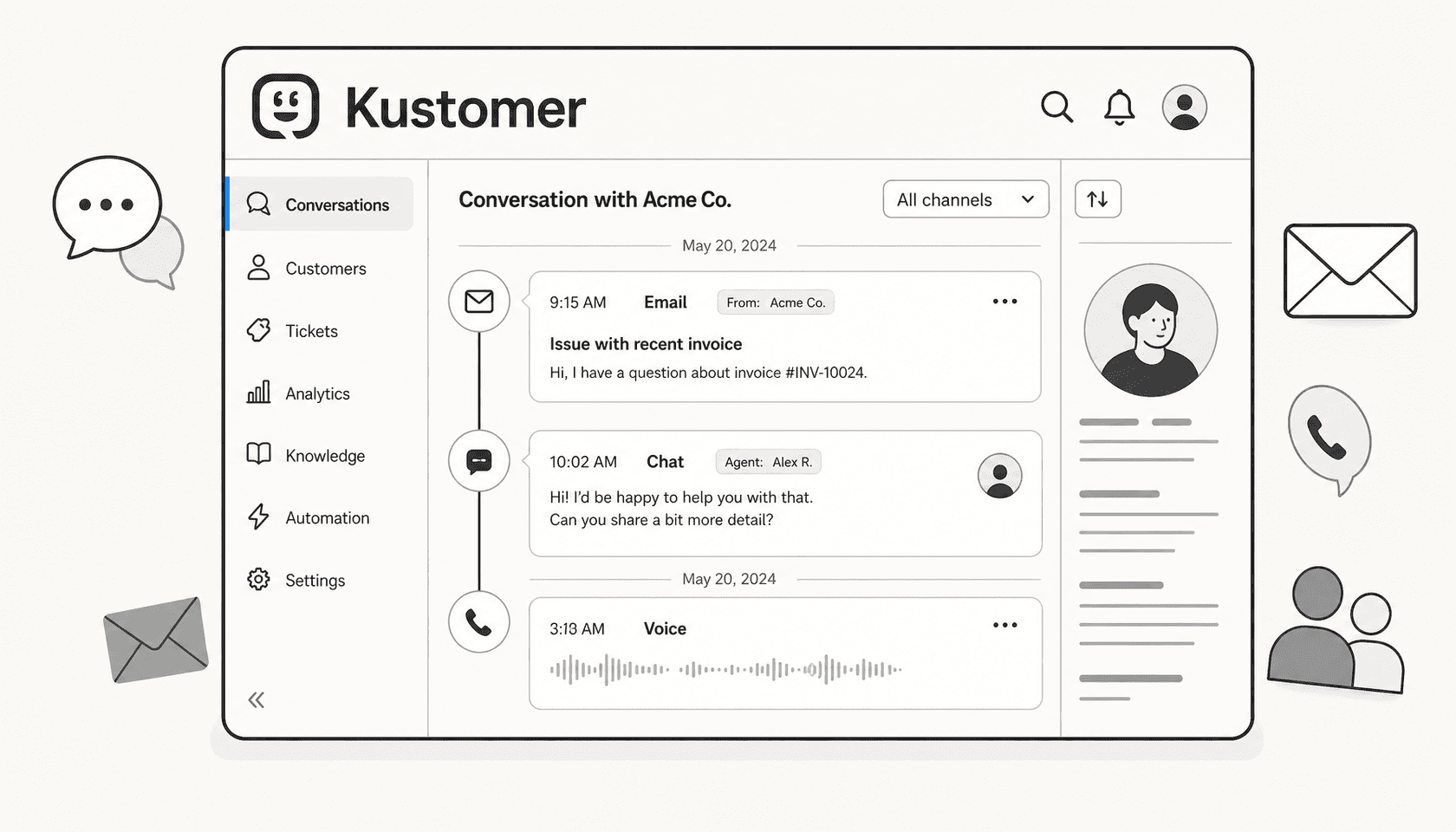 Kustomer enterprise review - editorial illustration of a unified customer conversation timeline with AI handling support across multiple channels