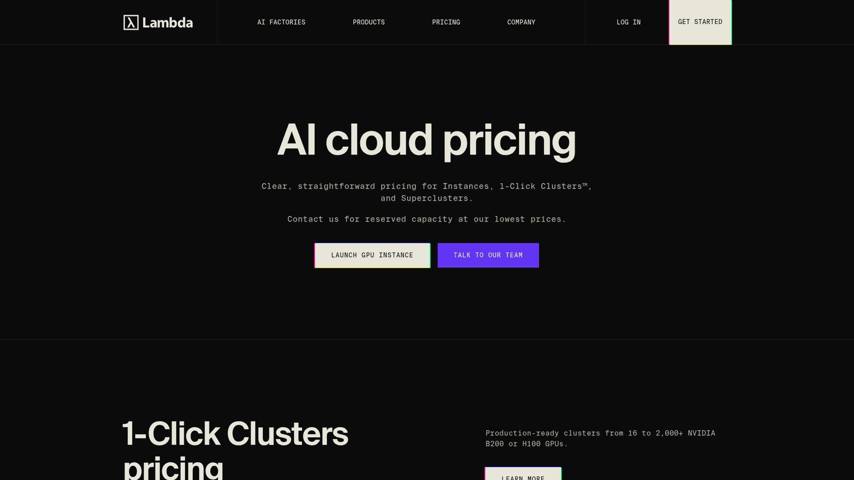 The Lambda pricing page, with 1-Click Clusters and on-demand GPU instances, as taken from Lambda