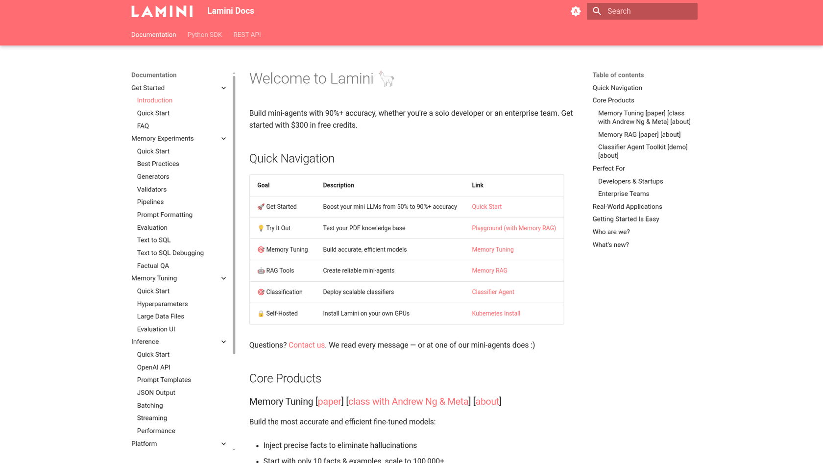 Lamini documentation home page listing Memory Tuning, Memory RAG, Classifier Agent and a self-hosted install, as taken from Lamini Docs
