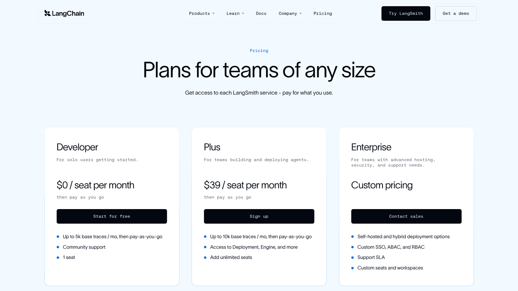 A screenshot of the LangSmith pricing page showing the Developer, Plus, and Enterprise plans, as taken from LangChain