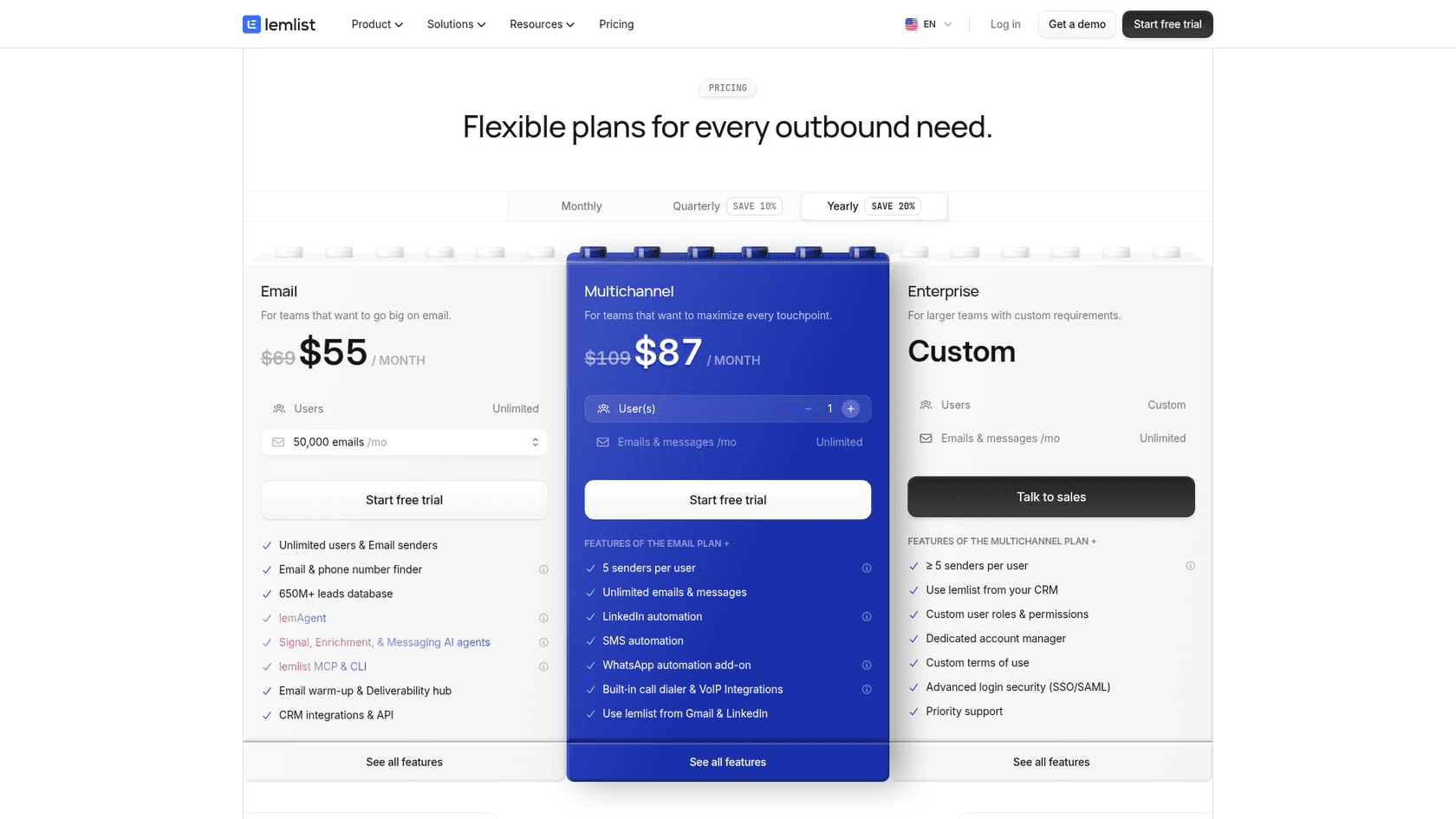 Lemlist's pricing page with the Email and Multichannel plans, as taken from Lemlist