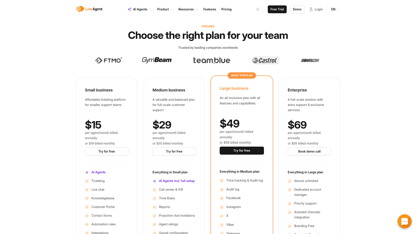 LiveAgent's current pricing page: $15, $29, $49 and $69 per agent per month on annual billing, as taken from LiveAgent