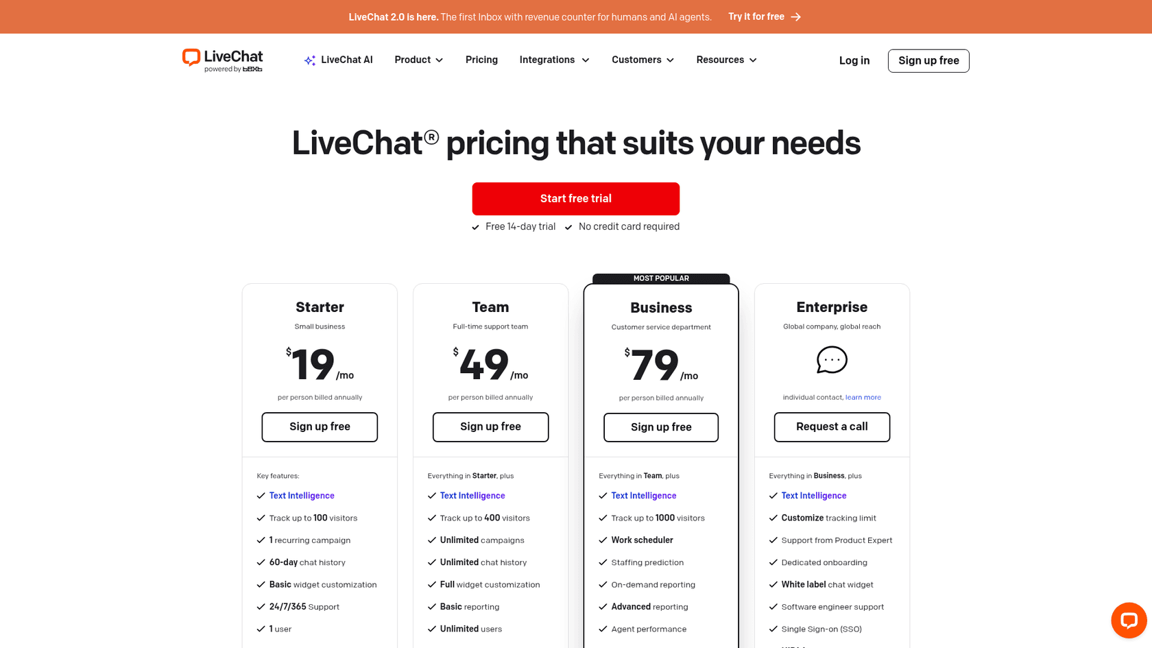 LiveChat pricing page showing Starter at $19, Team at $49, and Business at $79 per person billed annually, as taken from LiveChat