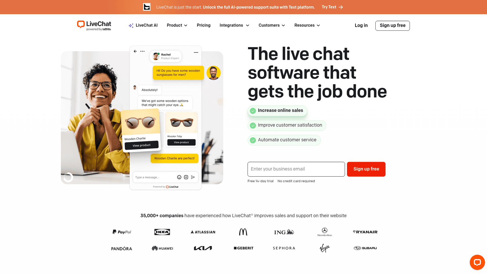 LiveChat customer service software homepage