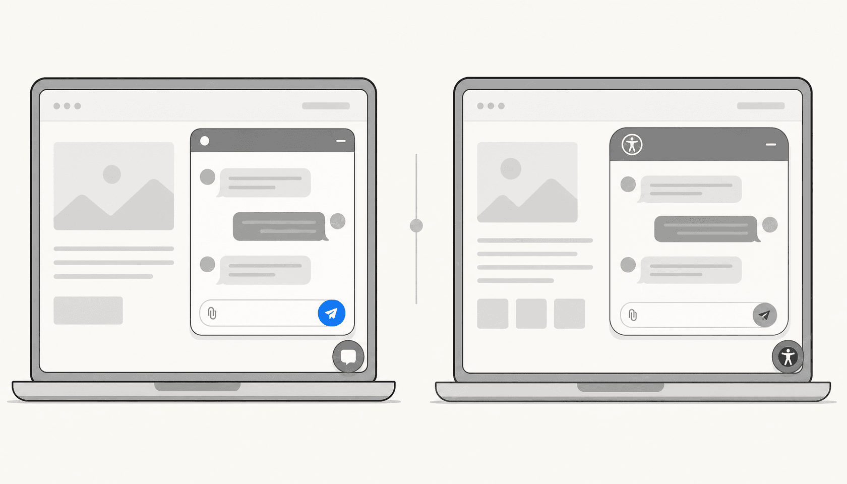 Two stylized live chat widgets facing each other with a single eesel-blue send button accent