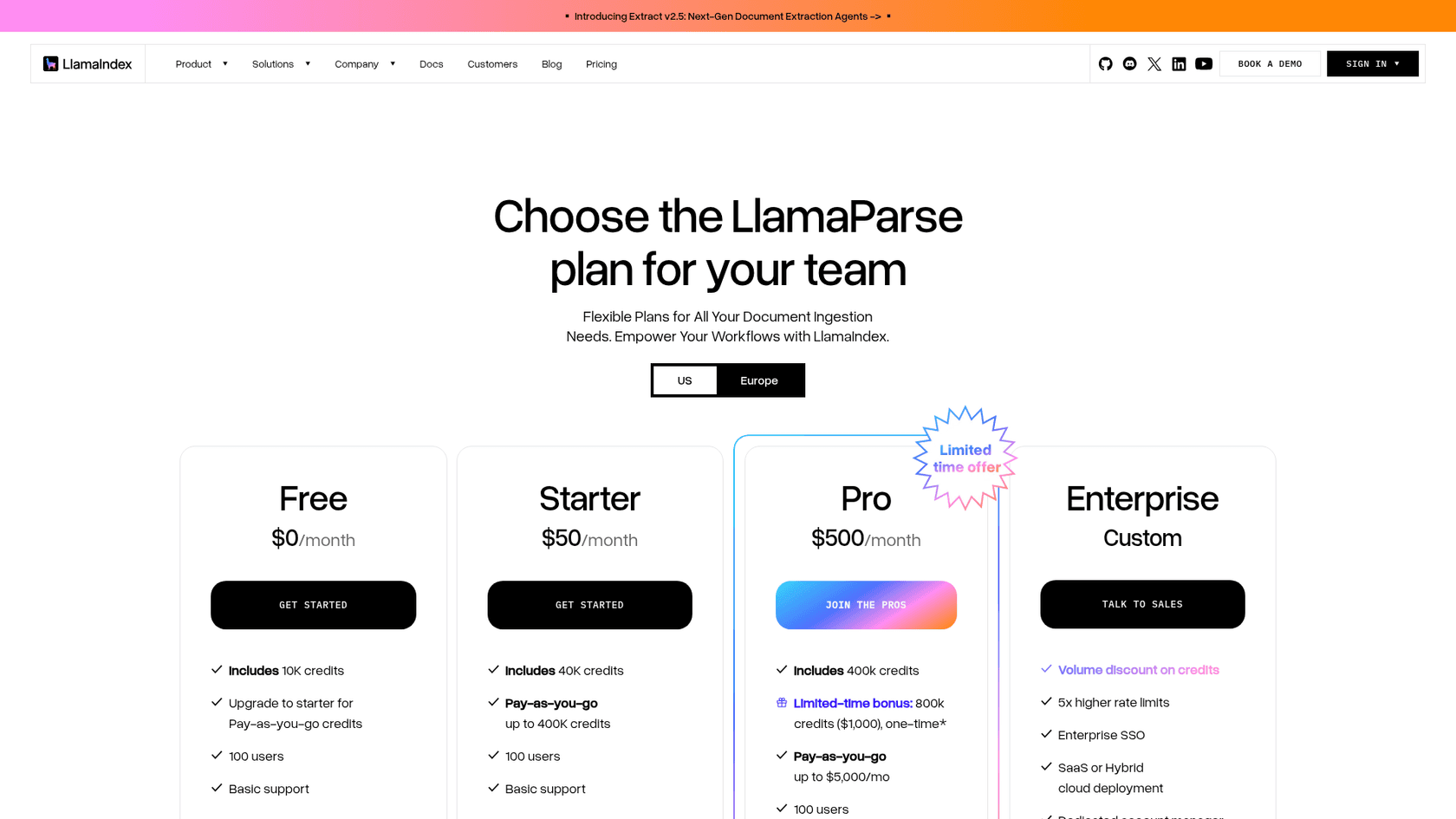 LlamaParse pricing page showing the Free, Starter, Pro and Enterprise plans, as taken from LlamaIndex