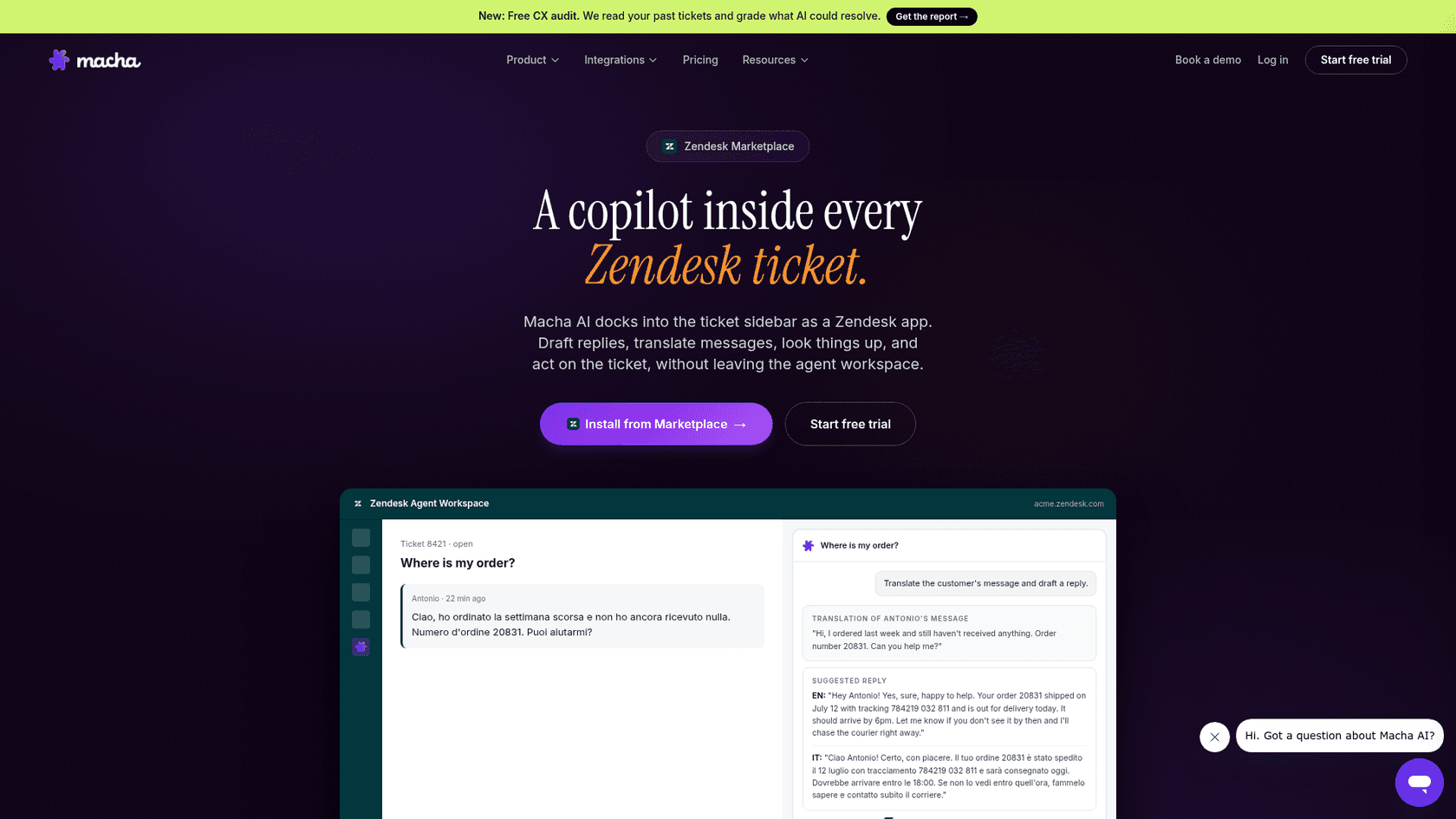 Macha's Zendesk copilot page showing a ticket with a translated customer message and a suggested reply in the sidebar, as shown on the Macha website