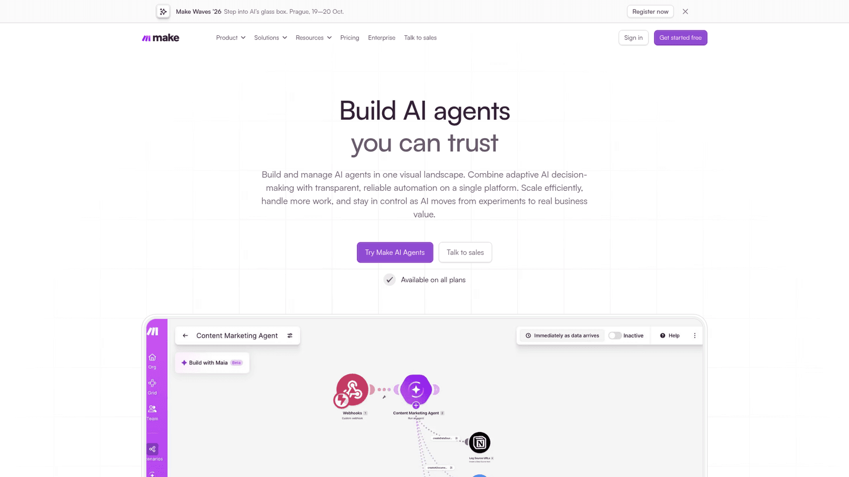 Make's AI Agents page reading "Build AI agents you can trust", noting it's available on all plans, with a Content Marketing Agent connected to a webhook in the builder, as taken from Make