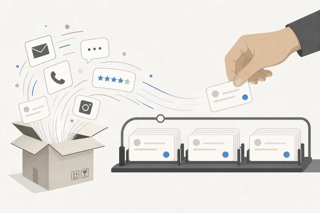 Illustration of customer messages rising out of a shipping box, sorted into tidy cards, with a human hand lifting one card out as an exception