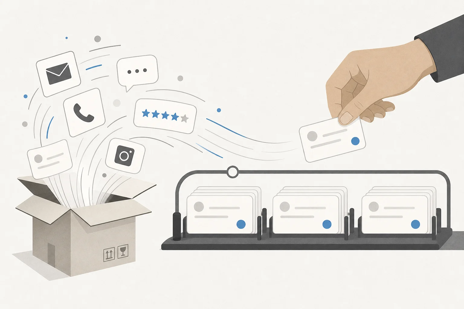 Illustration of customer messages rising out of a shipping box, sorted into tidy cards, with a human hand lifting one card out as an exception