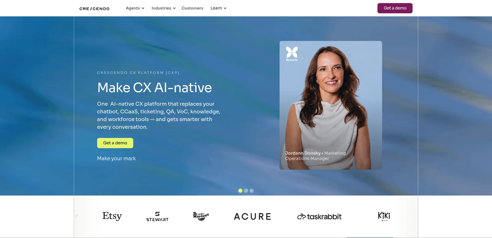 Crescendo's homepage, which now leads with an AI-native CX platform and a Get a demo button, as taken from Crescendo