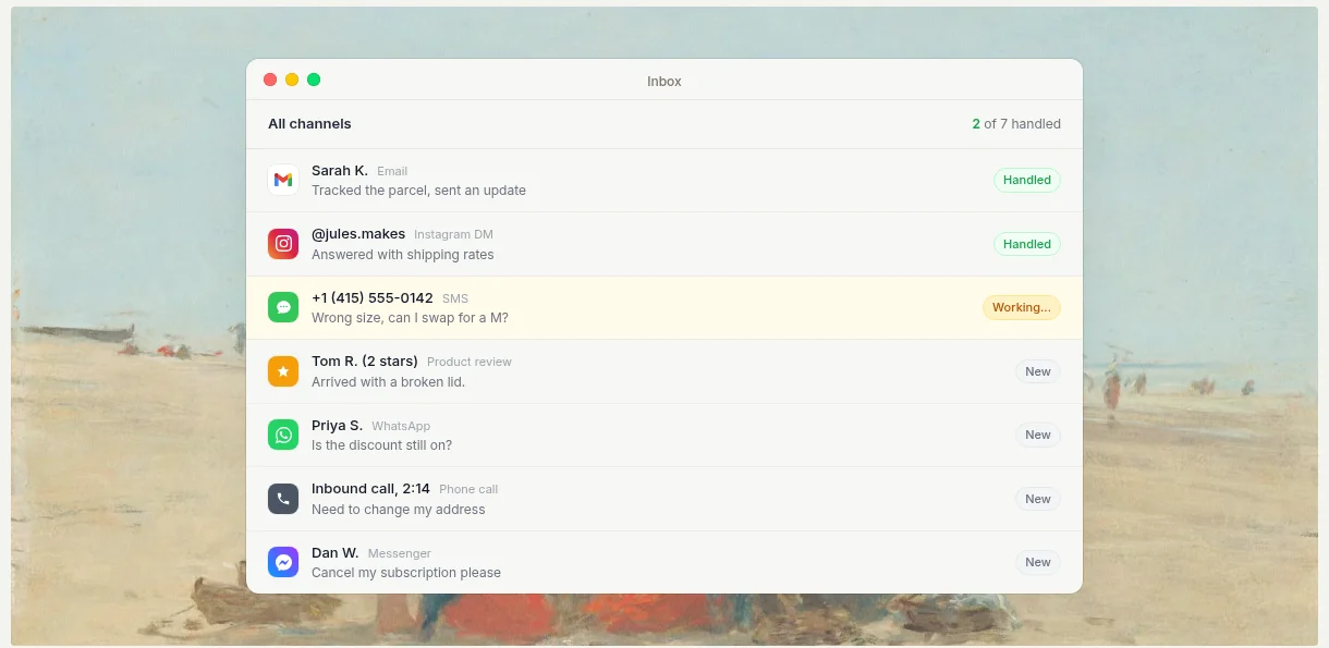 eesel Managed Support's all-channels inbox, with an email and an Instagram DM handled and an SMS in progress