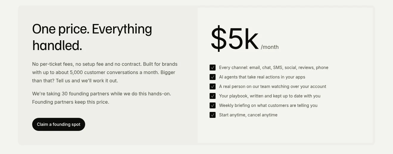 eesel Managed Support pricing card: $5k a month, every channel, AI agents that take real actions, a real person watching over your account, weekly briefing, cancel anytime