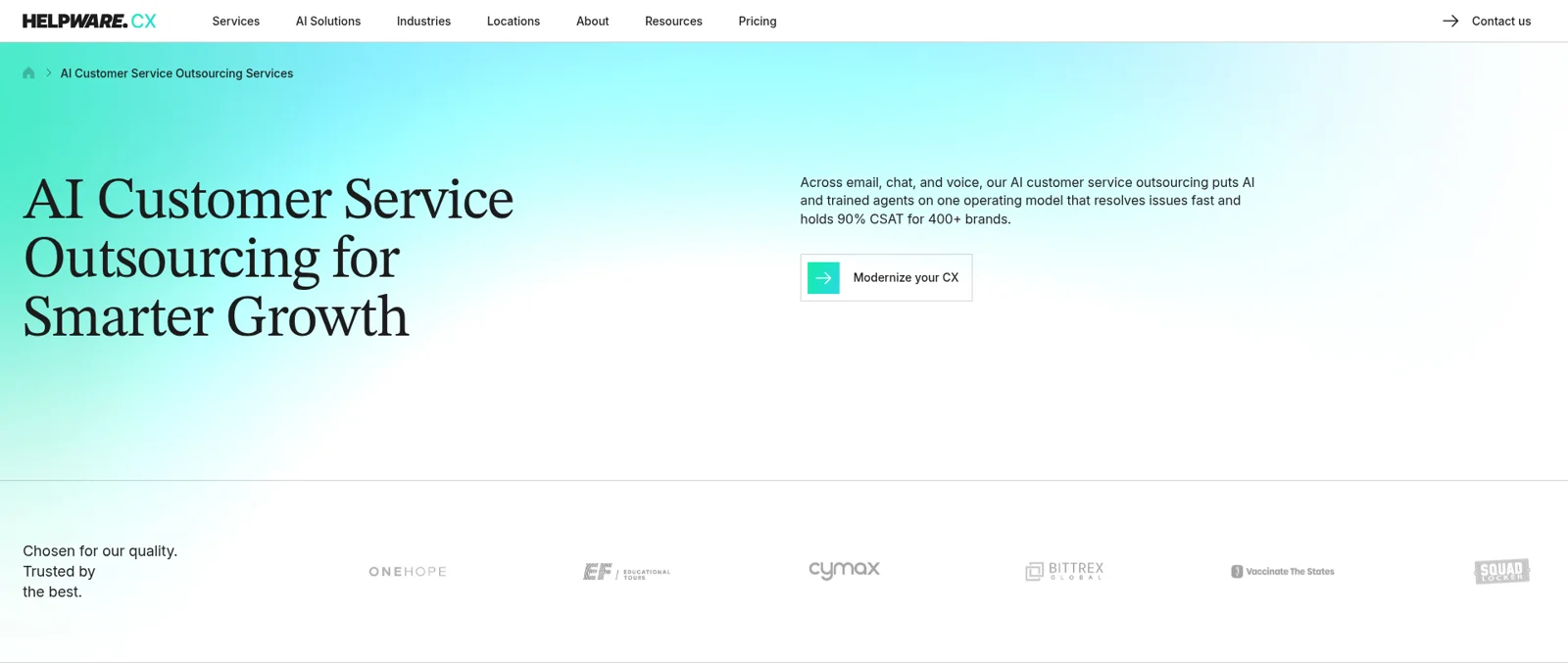 Helpware's AI customer service outsourcing page, which promises AI and trained agents on one operating model, as taken from Helpware