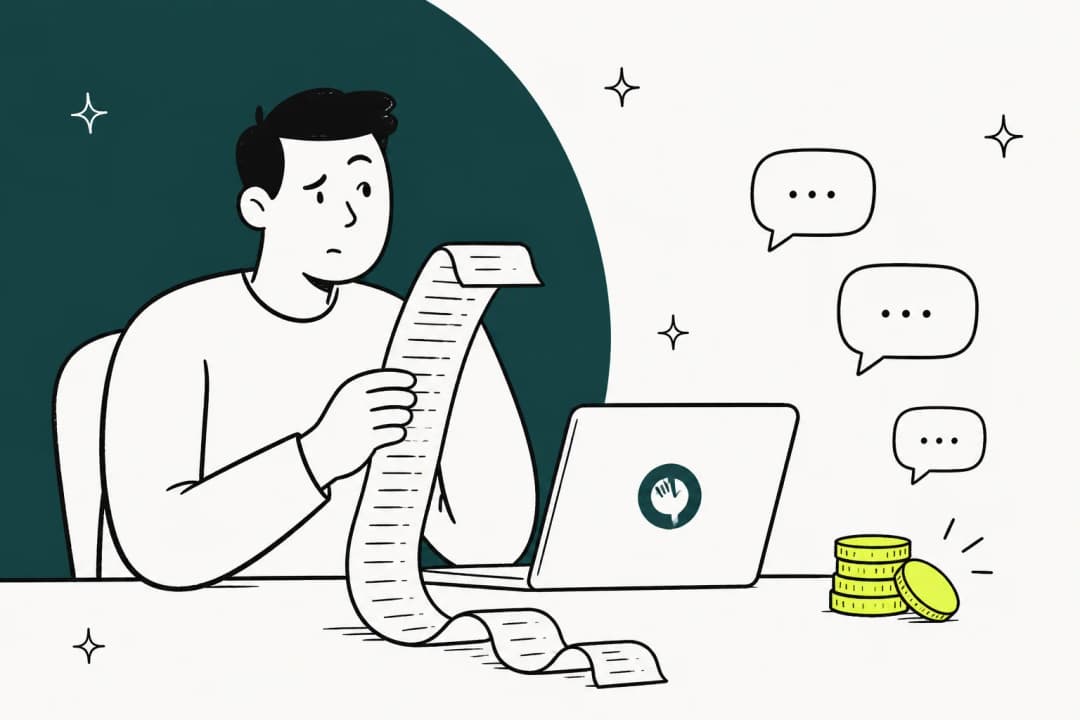 Illustration of an ecommerce founder reading a long receipt next to a laptop with the Chatdesk logo, for a post on Chatdesk pricing