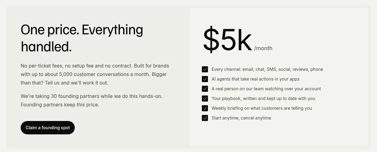 eesel Managed Support pricing: $5k a month with every channel, AI agents that take real actions, a real person watching your account and a weekly briefing, as taken from eesel