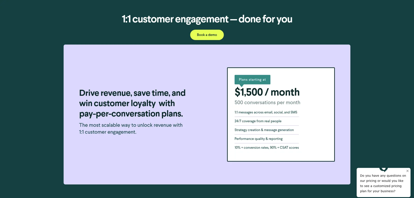 The live Chatdesk pricing page showing one plan: $1,500 a month for 500 conversations, as taken from Chatdesk
