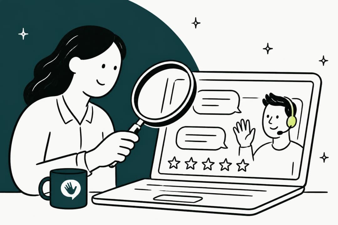 Illustration of a support manager inspecting a laptop chat window through a magnifying glass, next to a Chatdesk mug, for a Chatdesk review