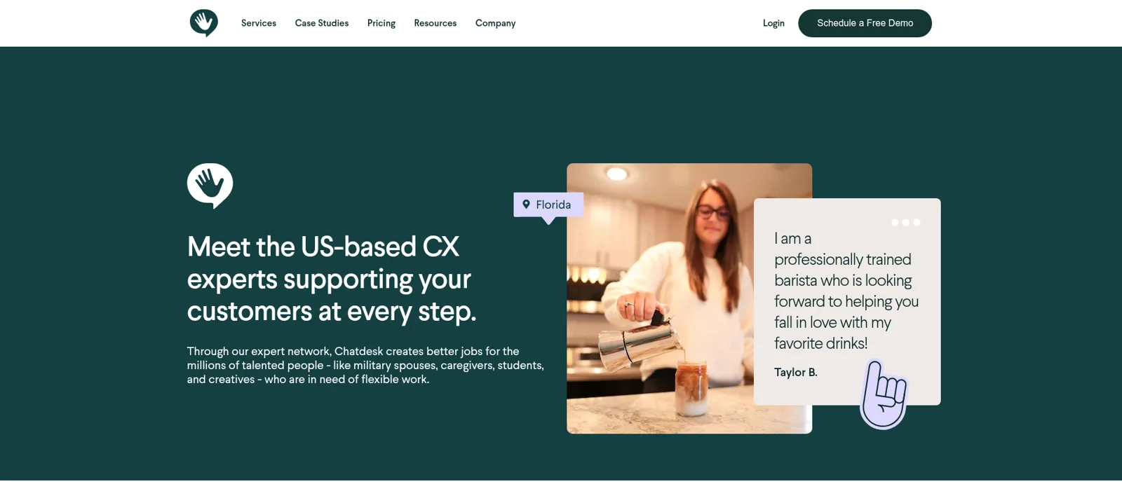 Chatdesk's experts page: "Meet the US-based CX experts supporting your customers at every step", as taken from Chatdesk