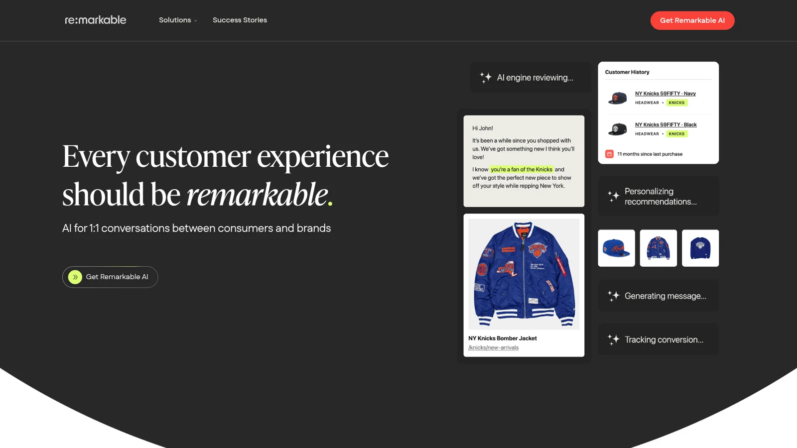 The Remarkable AI homepage, "Every customer experience should be remarkable", showing AI-generated 1:1 messages, as taken from Remarkable AI