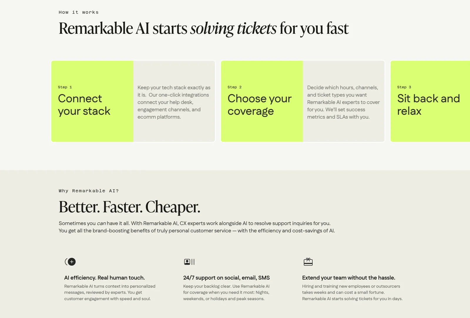 Remarkable AI's support page: connect your stack, choose your coverage, then sit back while AI and experts solve tickets, as taken from Remarkable AI