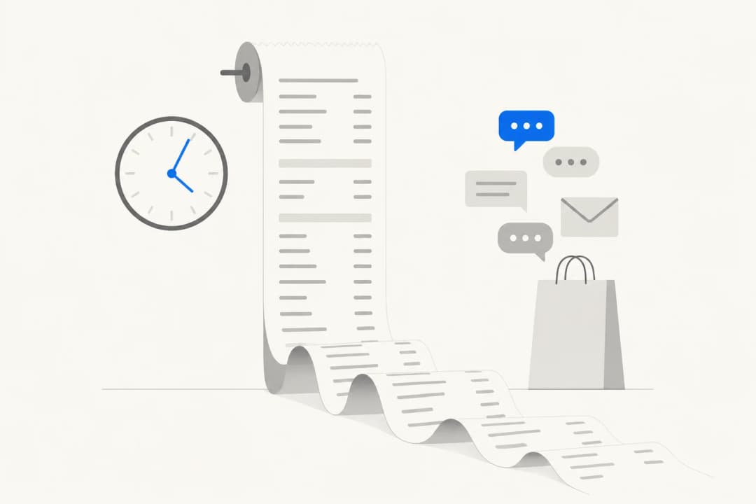 Illustration of a long receipt unrolling onto the floor next to a clock, chat bubbles and a shopping bag, representing the full cost of outsourced customer service